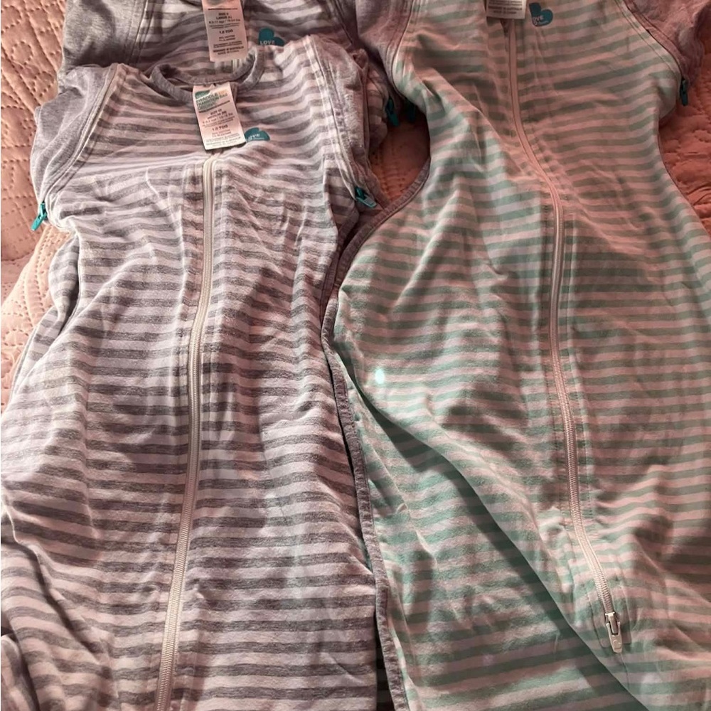 Love to Dream gray and white striped swaddle sacks